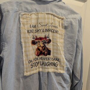 Blue & White Striped Button Front Shirt with Graphic Print Kitschy Funny Patch